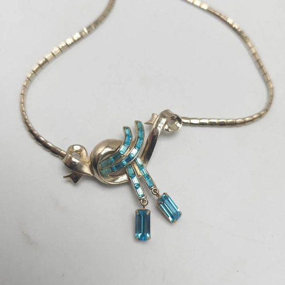 Coro Necklace Blue Rhinestones Dangle Art Deco Style Mid Century Necklace - Picture 4 of 7